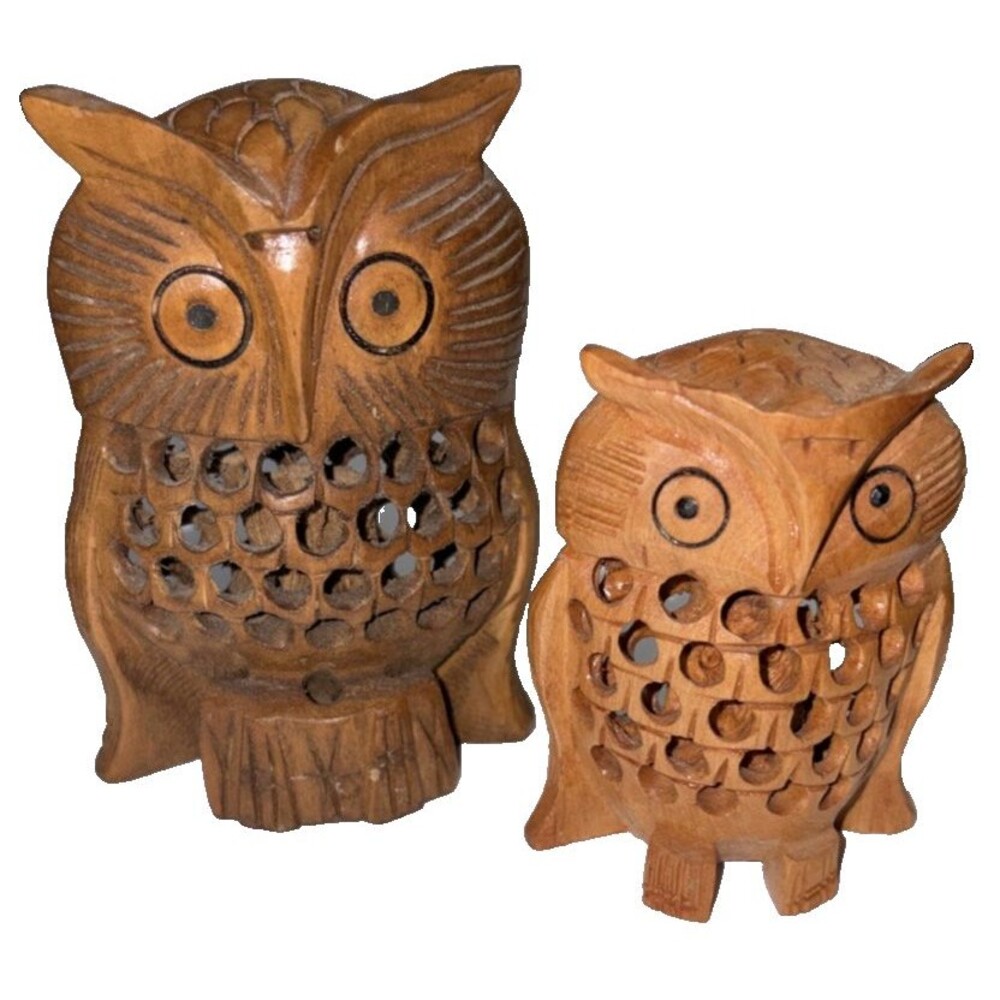 Hand Carved Set of 2 Teak Wood Owl Figurines